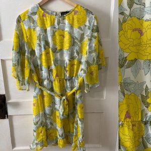 Yellow Flowered Flutter Sleeve Dress
